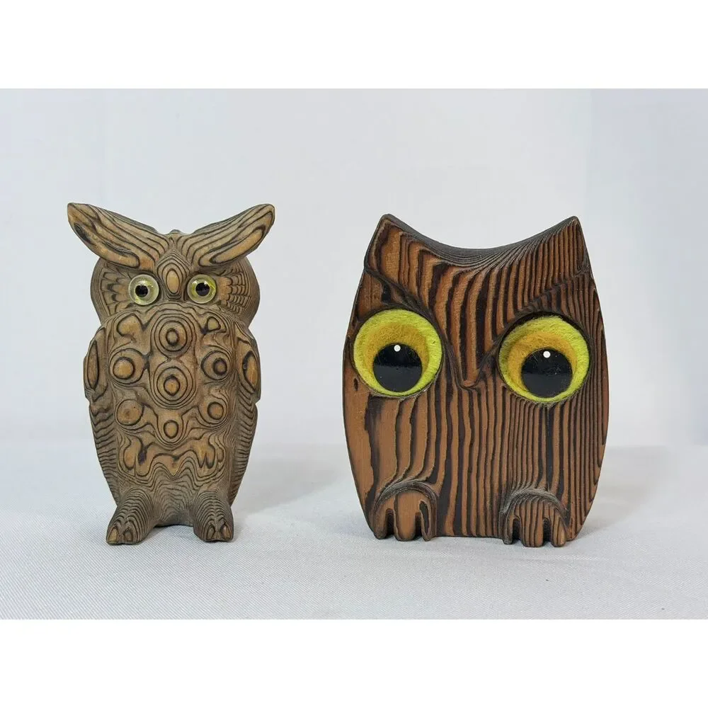 Vintage Cryptomeria Wood Carved Owl Lot of 4 Folk Art Big Eyes Woodland Forest